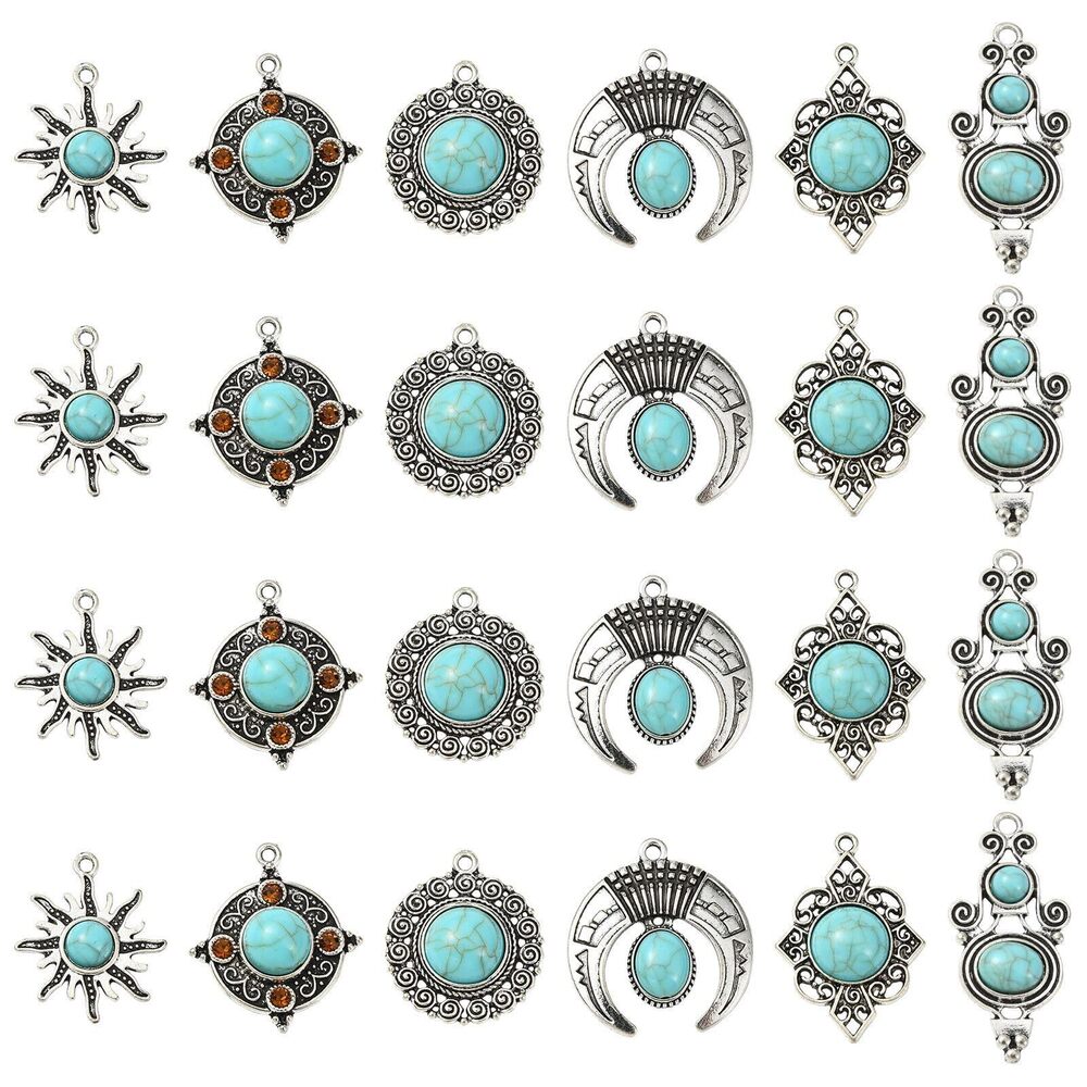 7975 30 pcs 6 Styles Antique Western Theme Imitation Turquoise Alloy Charms